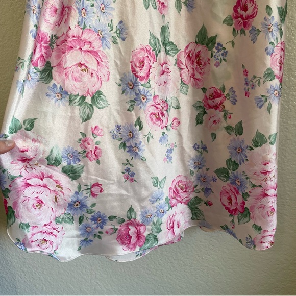 Vintage Dentelle Satin Floral Slip Dress Dainty Pink Peonies Daisies 90s 80s L - Picture 4 of 8